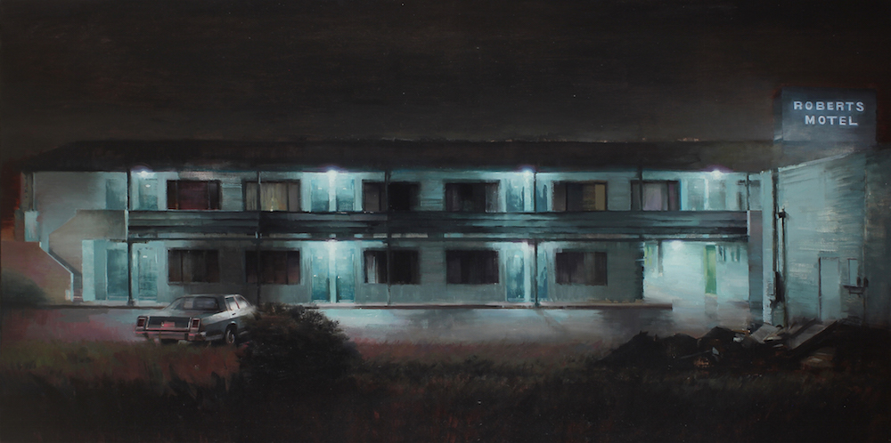 "Old Roberts Motel," oil on canvas, 42 x 84 inches.